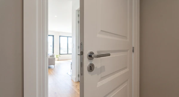 Gros plan détaillé sur une menuiserie intérieure rénovée : cadre de porte en bois clair ou blanc laqué récemment installée, montrant la qualité d'exécution avec joints propres et finitions soignées. Le bâti et le vantail doivent être visibles en perspective légèrement ouverte, permettant d'apercevoir l'intérieur d'une pièce moderne derrière (séjour lumineux, cuisine ou chambre). Poignée chromée ou inox contemporaine visible. Revêtement mural neutre en arrière-plan. Image nette, bien éclairée, de style photographique professionnel, transmettant l'expertise et le savoir-faire en menuiserie.