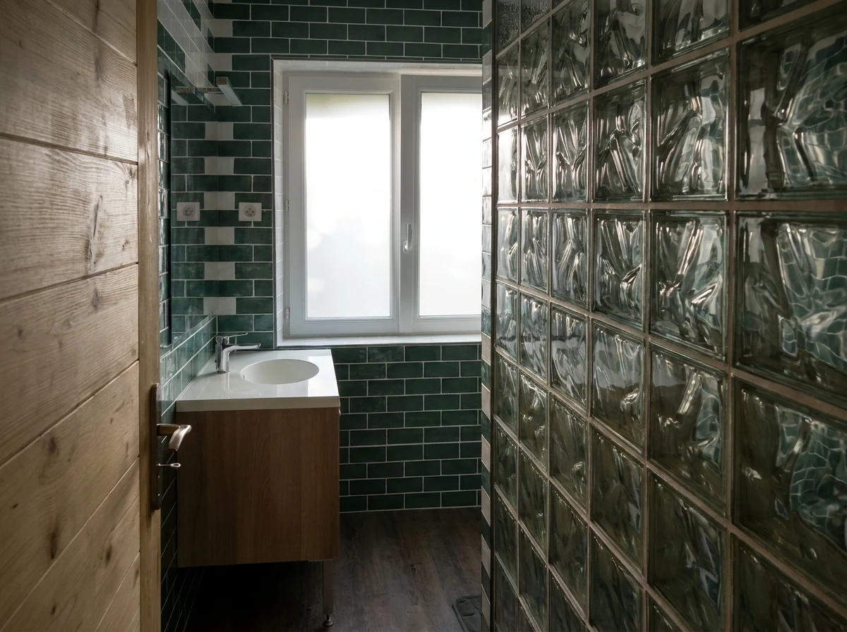 Salle de bain moderne avec douche à l'italienne vitrée, lavabo blanc suspendu et robinetterie chromée